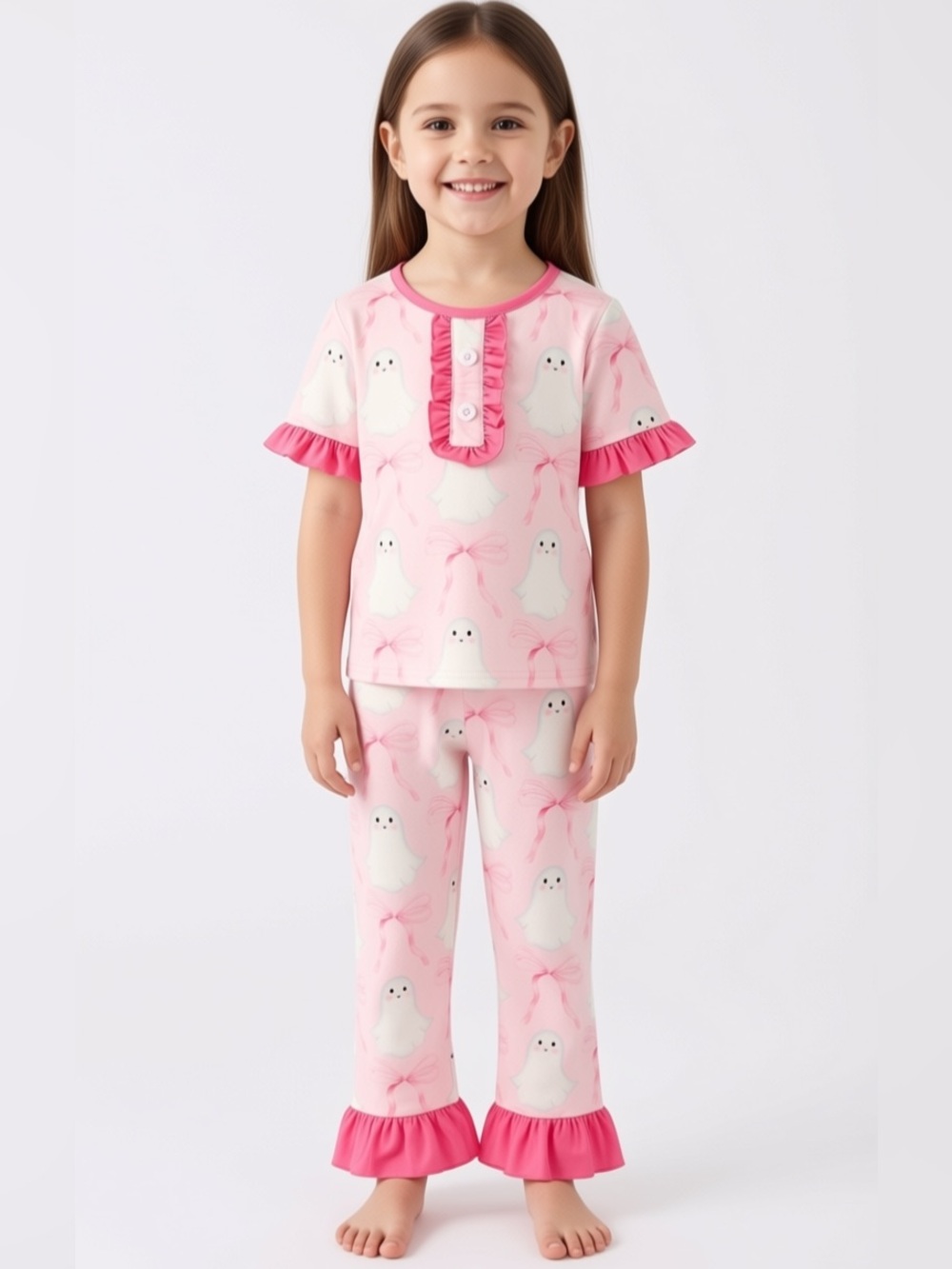 Rylee Faith Designs Girls Pink Ghost Print Ruffle Pajama Set 2 3 4 5 6 7